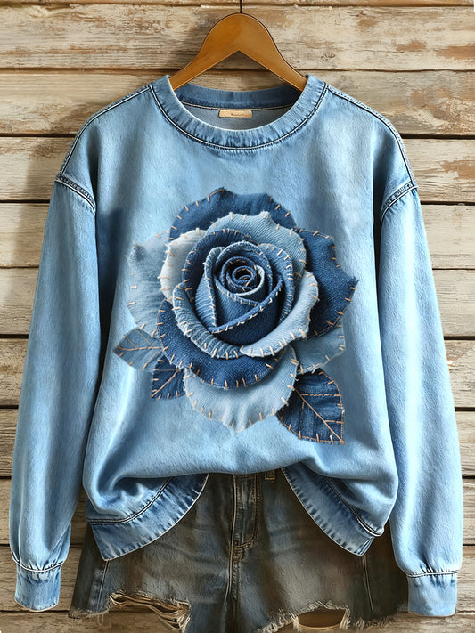 Women's Denim Patchwork Art Rose Pattern Sweatshirt