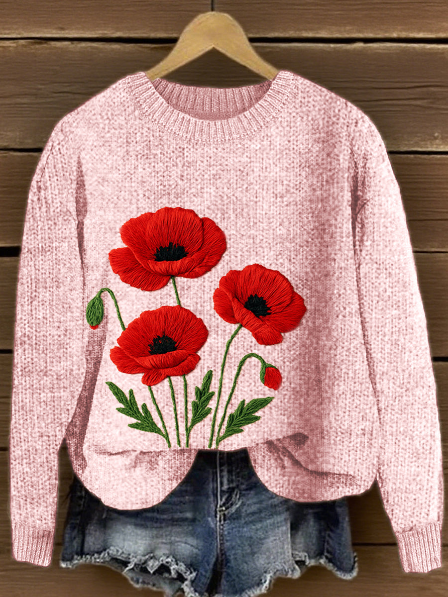 Women's Poppy Floral Embroidery Pattern Cozy Knit Sweater