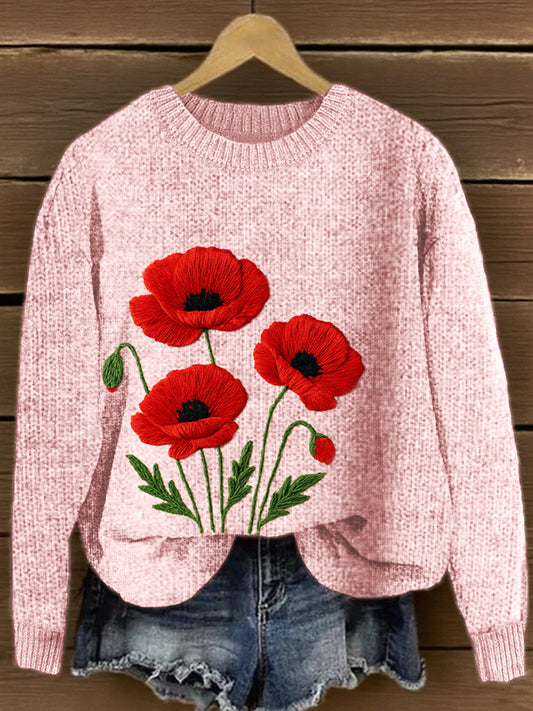 Women's Poppy Floral Embroidery Pattern Cozy Knit Sweater
