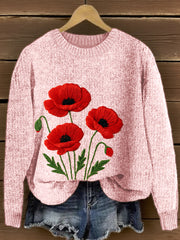 Women's Poppy Floral Embroidery Pattern Cozy Knit Sweater