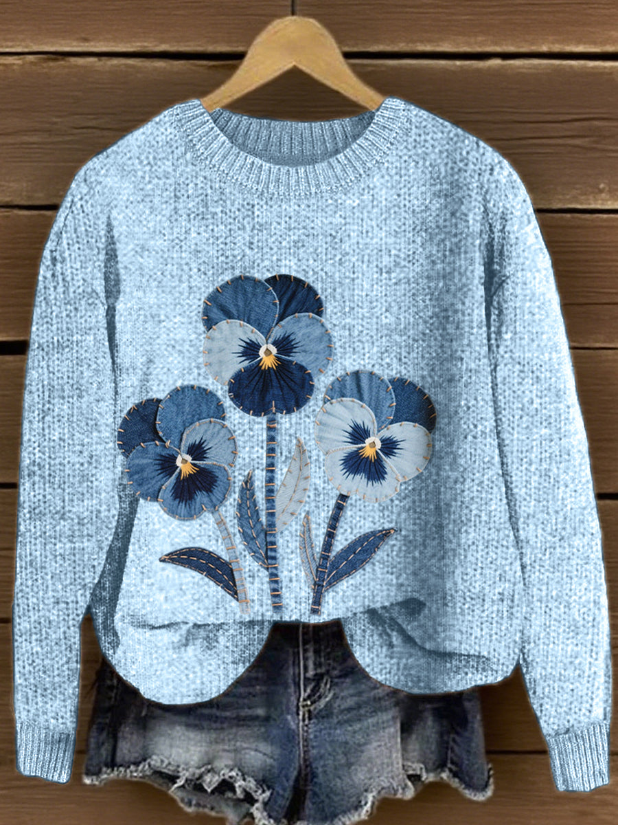 Women's Pansy Floral Pattern Cozy Knit Sweater