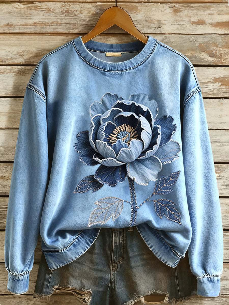 Women's Denim Patchwork Art Floral Pattern Sweatshirt