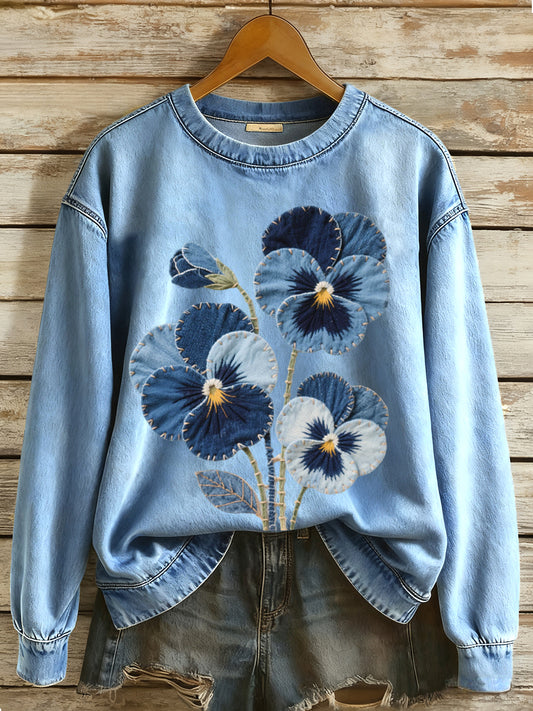 Women's Denim Patchwork Art Pansy Floral Pattern Sweatshirt
