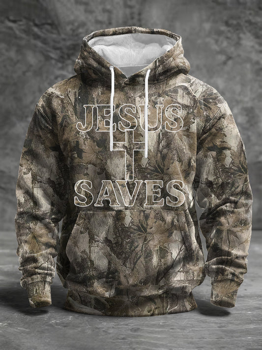 Men's Jesus Saves Cross Faith Forest Camouflage Print Casual Hoodie