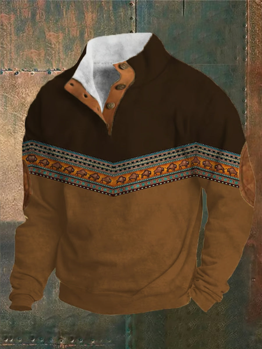 Men's Retro Western Print Jacquard Zipper Fur Collar Long Sleeve Sweatshirt