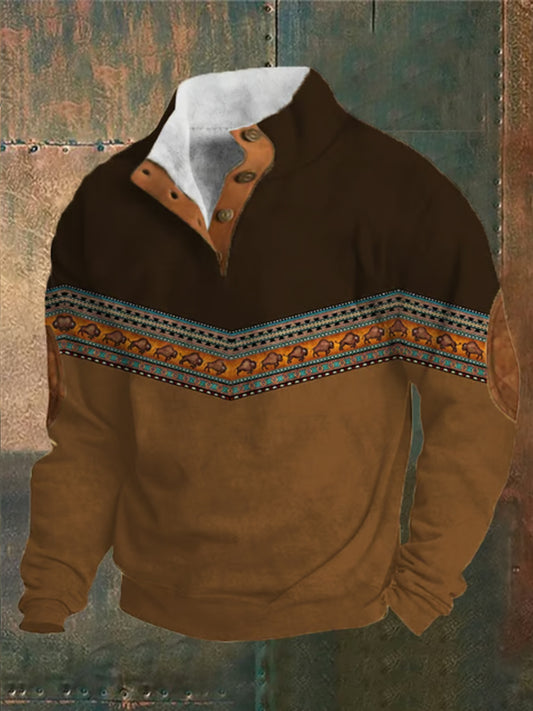 Men's Retro Western Print Jacquard Zipper Fur Collar Long Sleeve Sweatshirt