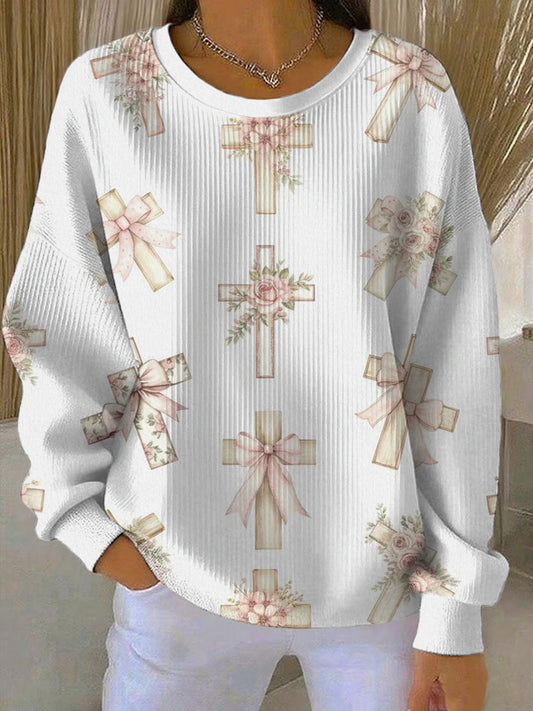 Women's Casual Faith Ribbed Round-Neck Sweatshirt