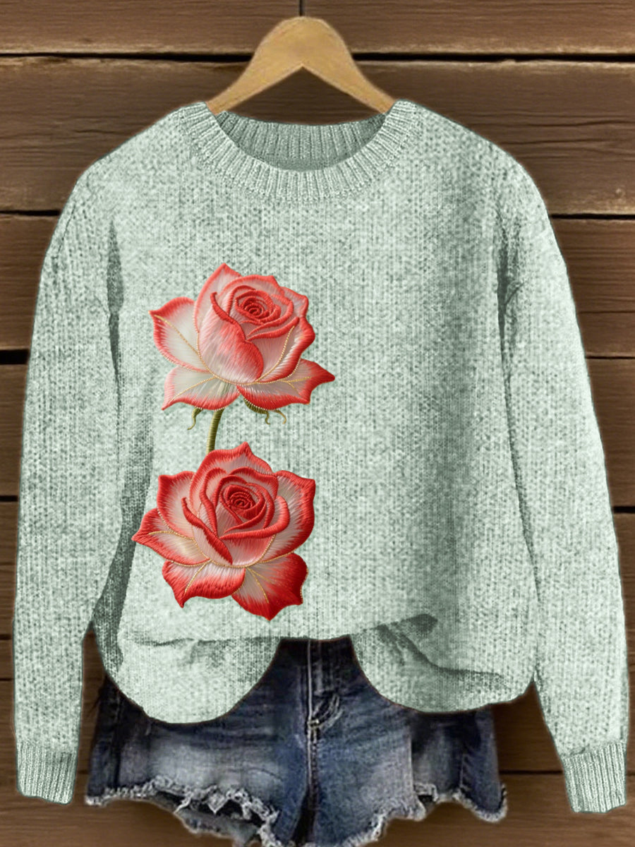 Women's Flower Embroidery Pattern Cozy Knit Sweater