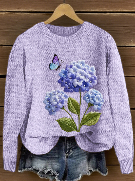 Women's Hydrangea Flower Embroidery Pattern Cozy Knit Sweater