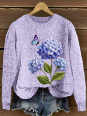 Women's Hydrangea Flower Embroidery Pattern Cozy Knit Sweater