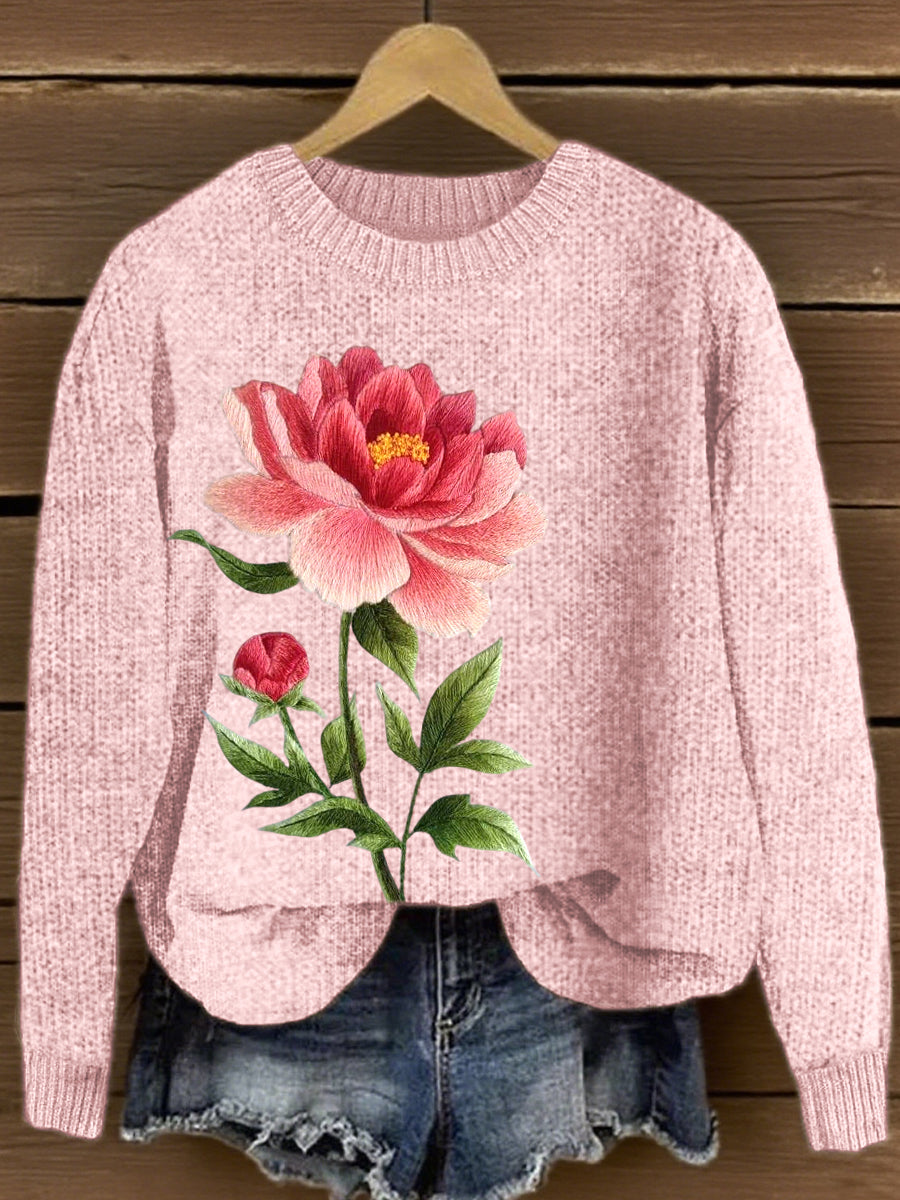 Women's Blooming Floral Embroidery Pattern Cozy Knit Sweater