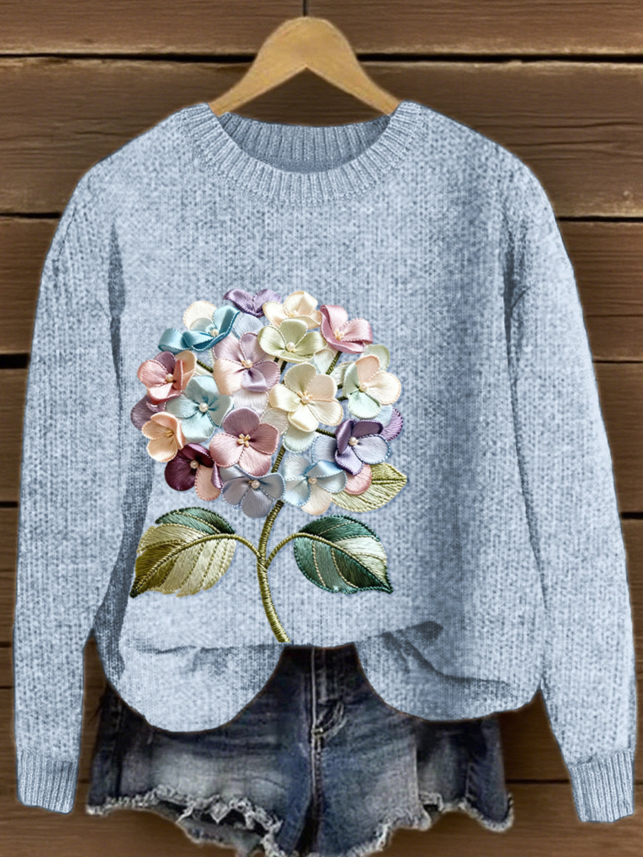 Women's Hydrangea Flower Embroidery Pattern Cozy Knit Sweater