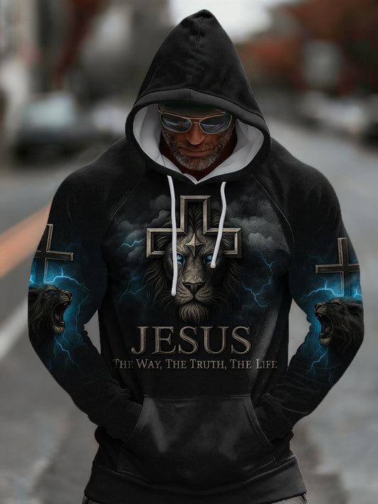 Men's Jesus The Way The Truth The Life Lion Print Casual Velvet Raglan Hoodie