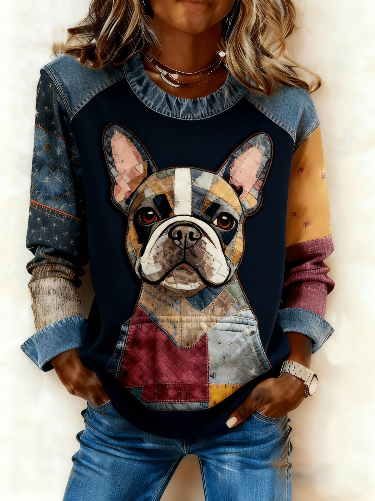 Women's Art Dog Denim Patchwork Sweatshirt