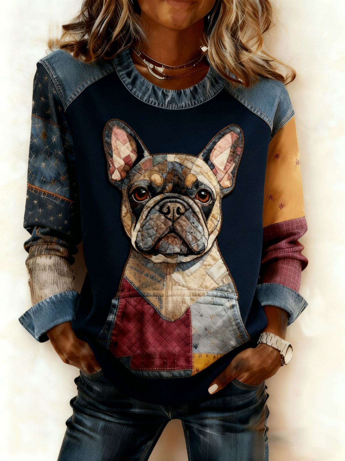 Women's Art Dog Denim Patchwork Sweatshirt