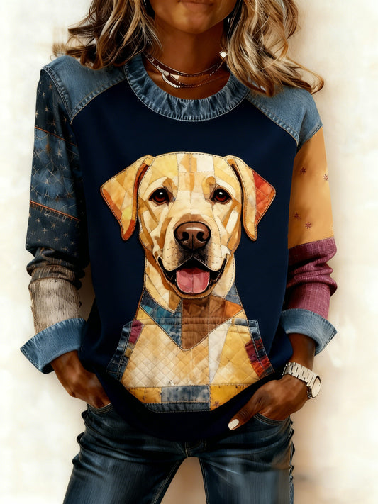 Women's Art Dog Denim Patchwork Sweatshirt