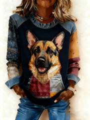 Women's Art Dog Denim Patchwork Sweatshirt