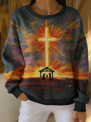 Women's Christian Nativity Scene Greatest Gift of All  Ribbed Round-Neck Sweatshirt