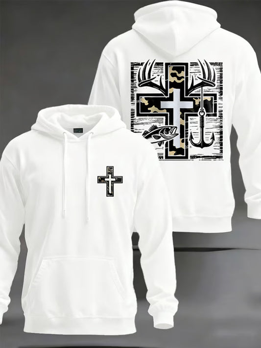 Men's Retro Faith Fishing Hunting Print Hooded Sweatshirt