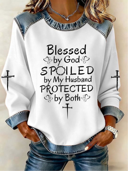 Women's Blessed By God Spoiled By My Husband Denim Patchwork Top