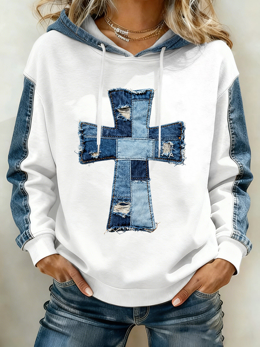 Women's Denim Patchwork Art Cross Pattern Drawstring Hoodie
