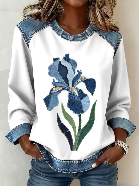Women's Iris Floral Pattern Denim Patchwork Art Sweatshirt