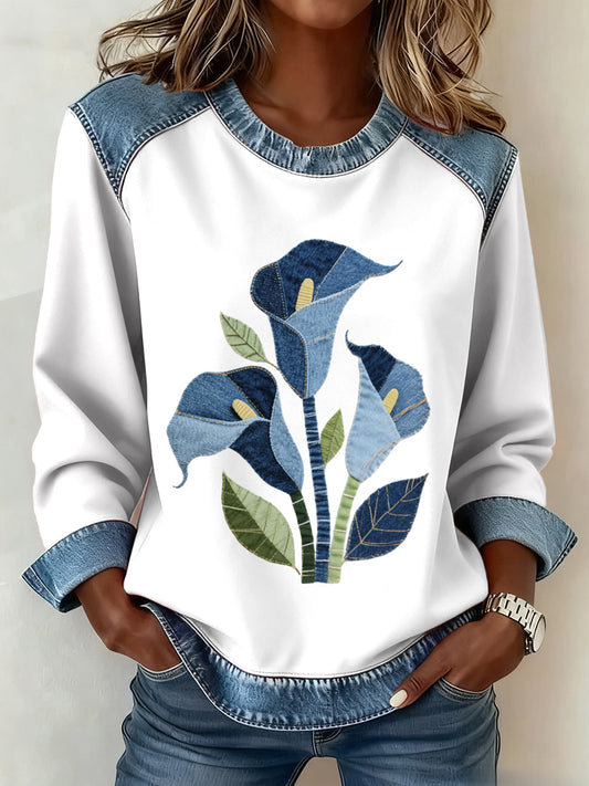Women's Calla Lily Floral Pattern Denim Patchwork Art Sweatshirt