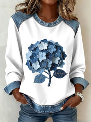 Women's Hydrangea Floral Pattern Denim Patchwork Art Sweatshirt