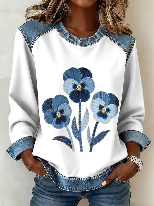 Women's Pansy Floral Pattern Denim Patchwork Art Sweatshirt
