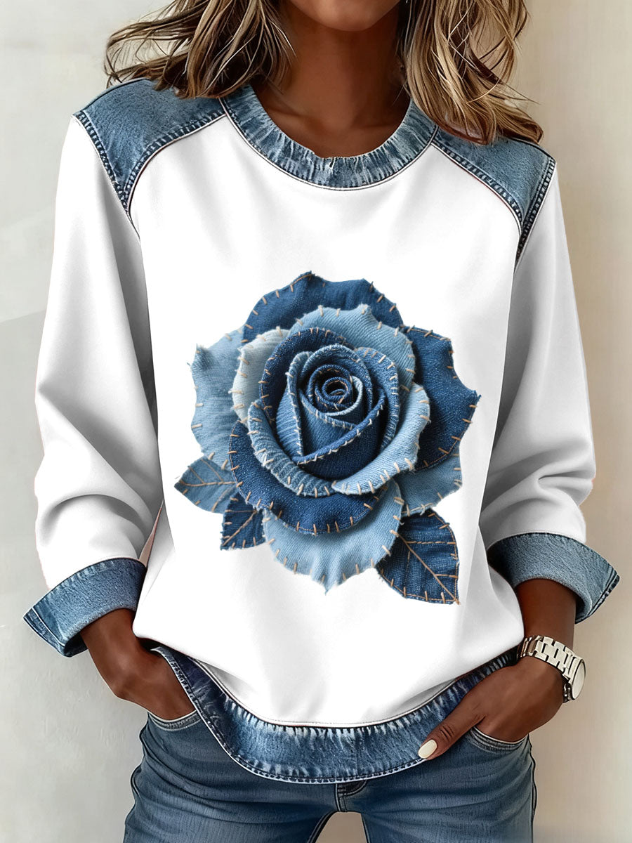 Women's Rose Floral Pattern Denim Patchwork Art Sweatshirt