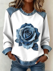 Women's Rose Floral Pattern Denim Patchwork Art Sweatshirt