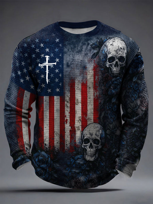Men's Skull Flag Cross Waffle Long Sleeve T-Shirt