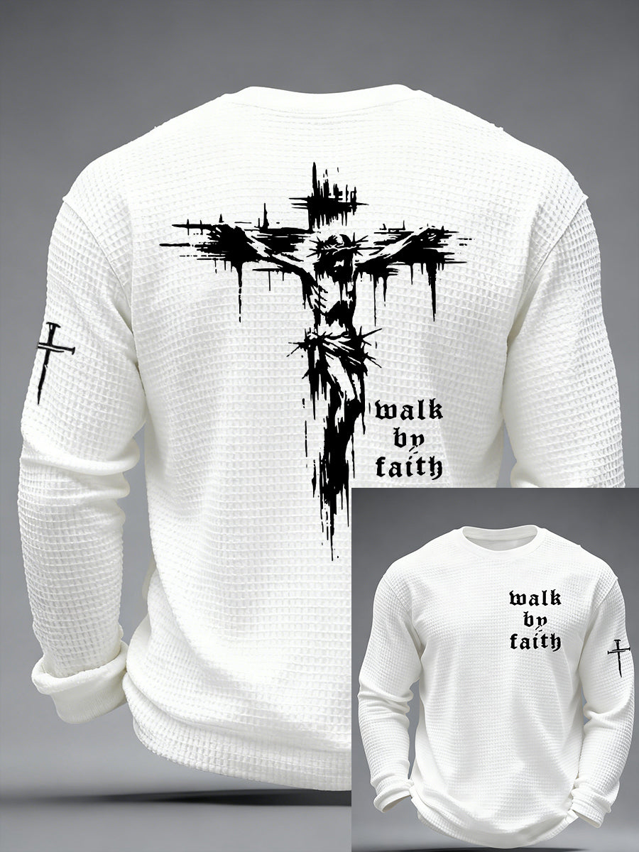 Men's Christian Walk By Faith Cross Print Waffle Long Sleeve T-Shirt