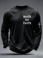Men's Christian Walk By Faith Cross Print Waffle Long Sleeve T-Shirt