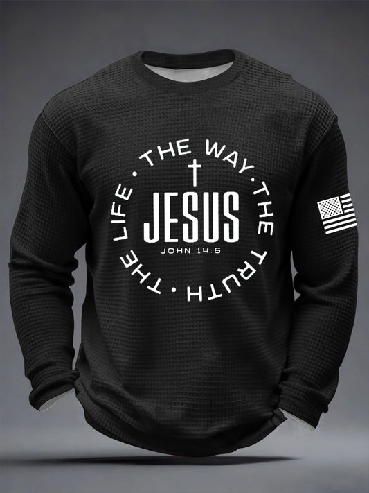 Men's Jesus The Way The Truth The Life John 14:6 Christian Cross Waffle Long Sleeve T-Shirt