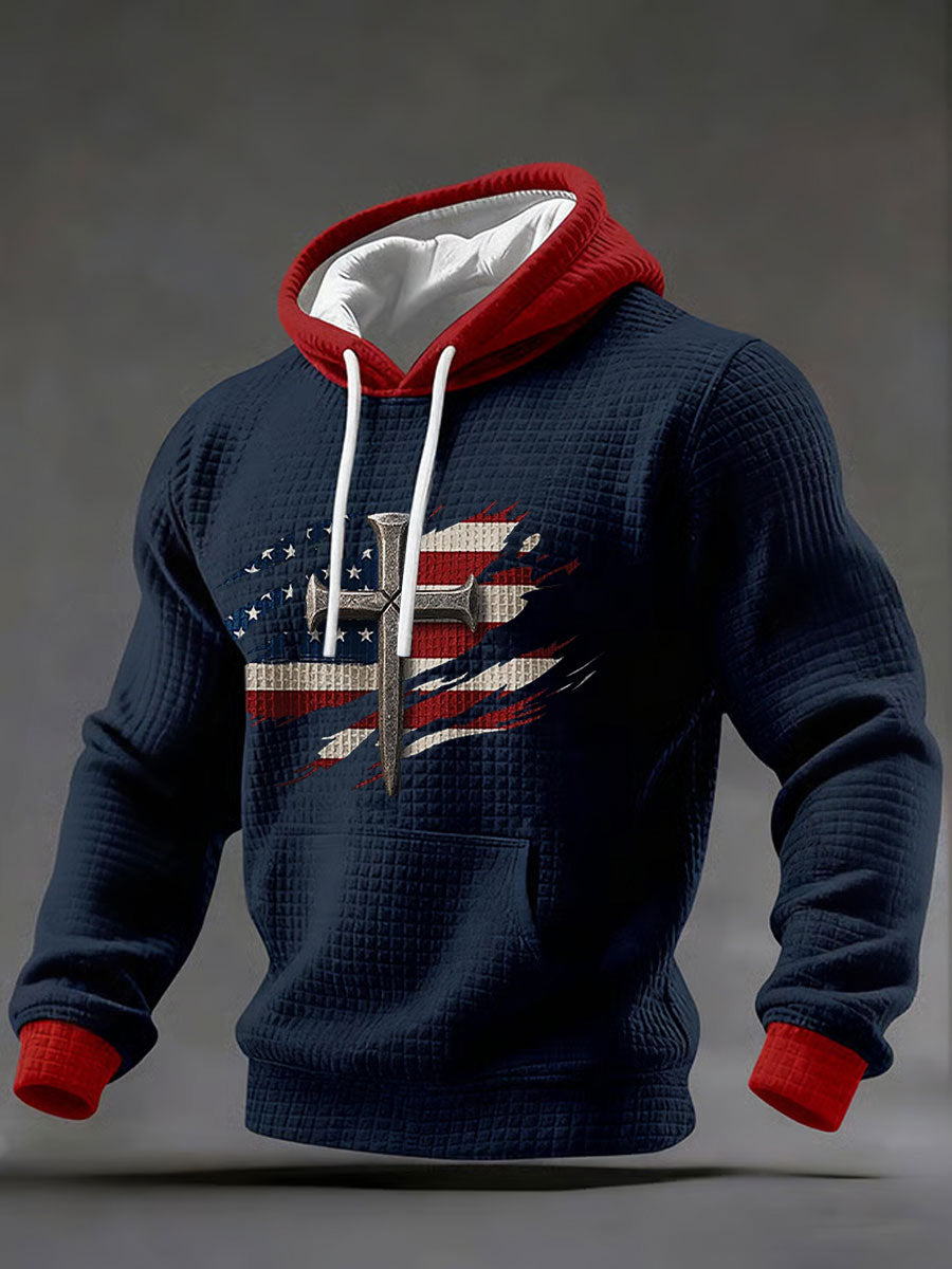 Men's Christian Cross Flag Checkered Cotton Hoodie