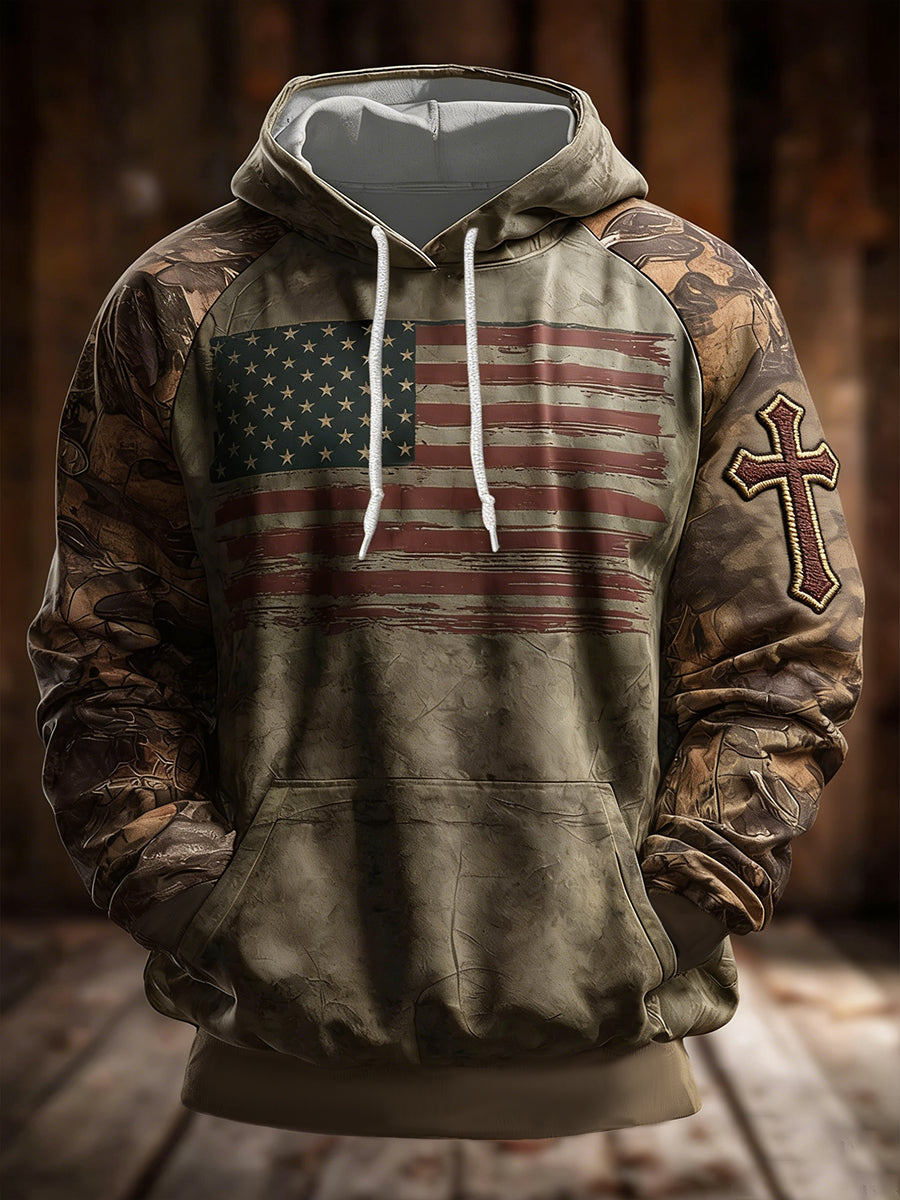 Men's Vintage Faith Flag Cross Oversized Hoodie with Pockets