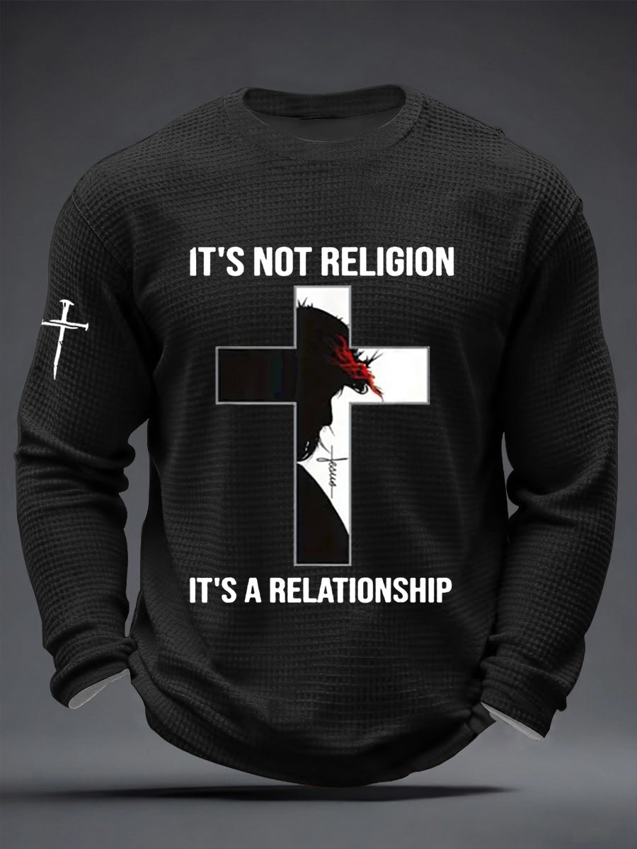 Men's  It’s Not Religion It’s A Relationship Jesus Cross Waffle Long Sleeve T-Shirt