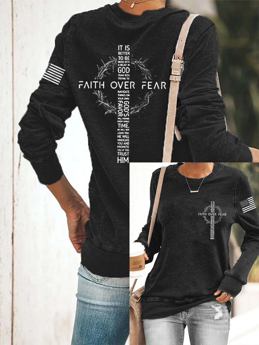 Women's Faith Over Fear USA Flag Print Casual Sweatshirt