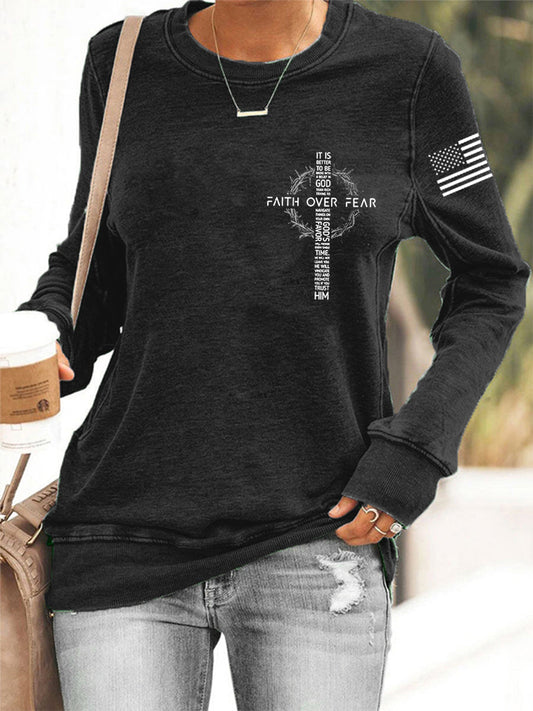 Women's Faith Over Fear USA Flag Print Casual Sweatshirt