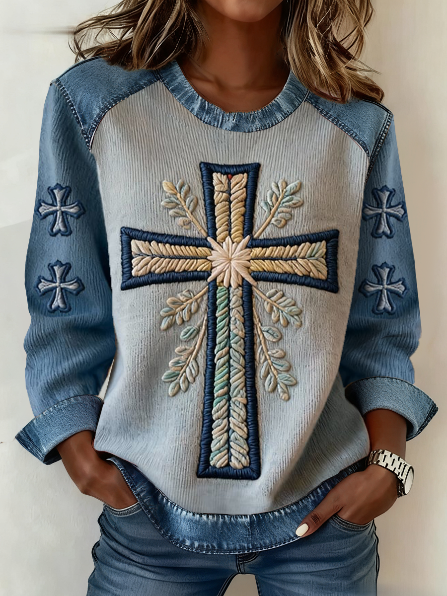 Women's Cross Print Casual Denim Patchwork Top