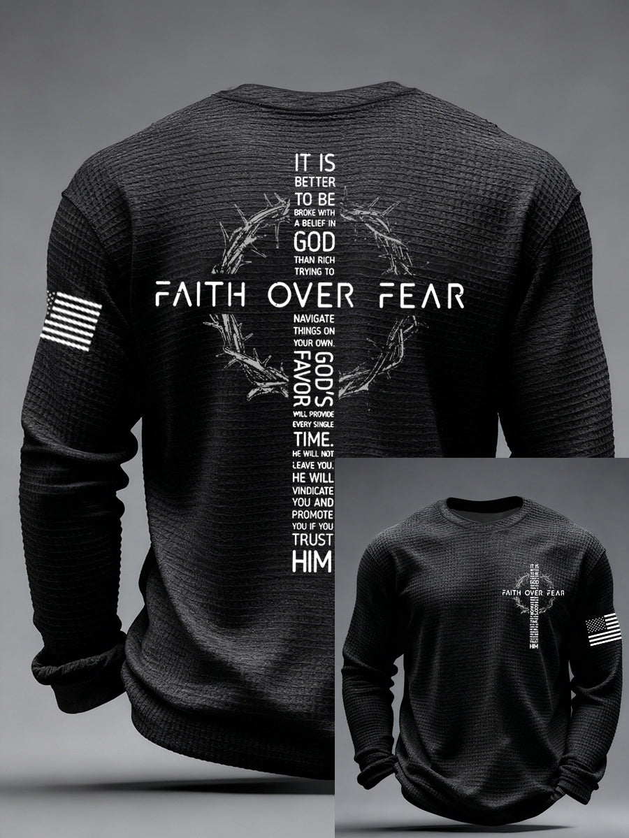 Men's Faith Over Fear Print Casual Waffle Long Sleeve T-Shirt