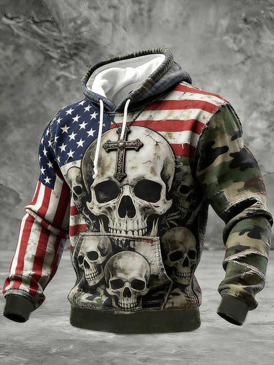 Men's Retro Skull Faith American Flag Art Oversized Drop-Shoulder Hoodie With Pockets