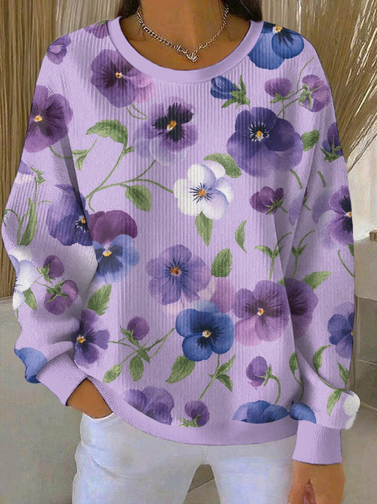 Women's  Purple Flora Art Print Casual Sweatshirt