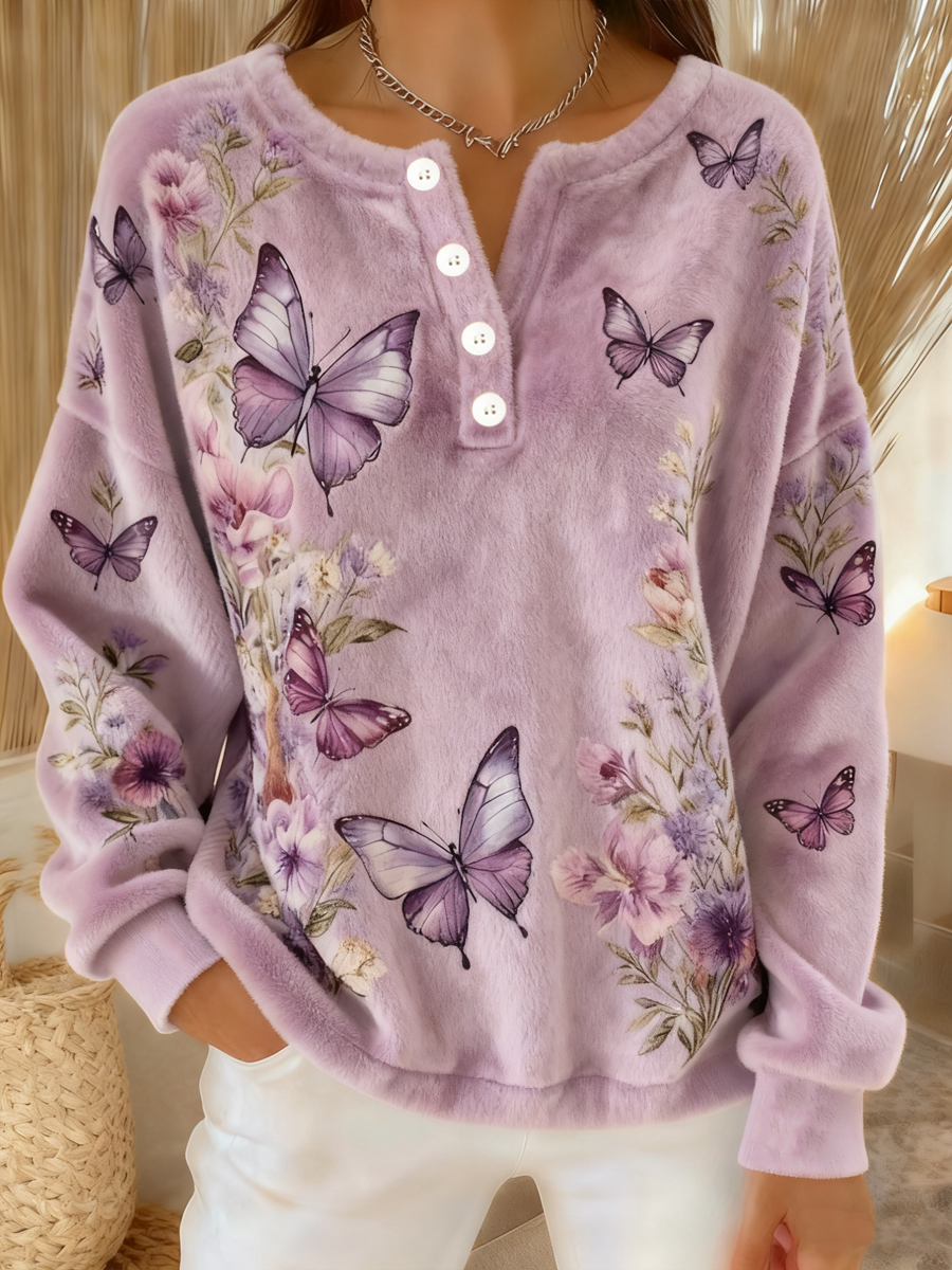 Women‘s Purple Floral Butterfly Pattern Cozy long-sleeve flannel cardigan