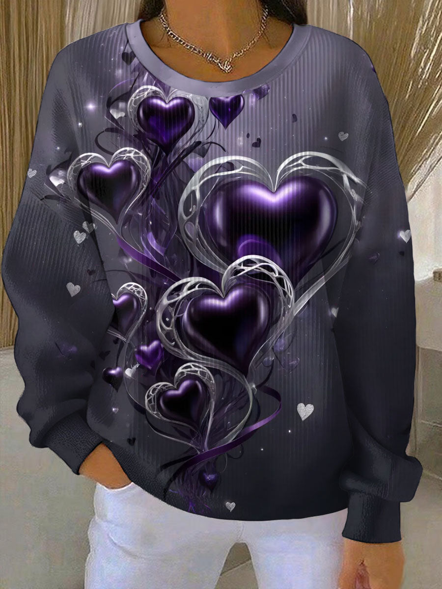 Women's Vintage Purple Floral Art Print Ribbed Round-Neck Sweatshirt