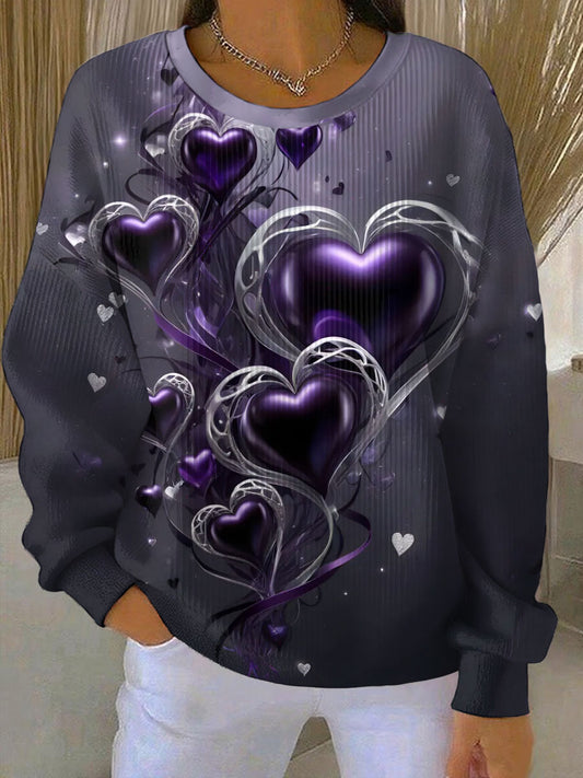 Women's Vintage Purple Floral Art Print Ribbed Round-Neck Sweatshirt