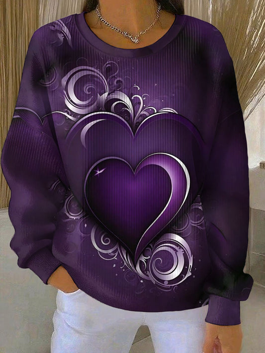 Women's Vintage Purple Floral Art Print Ribbed Round-Neck Sweatshirt