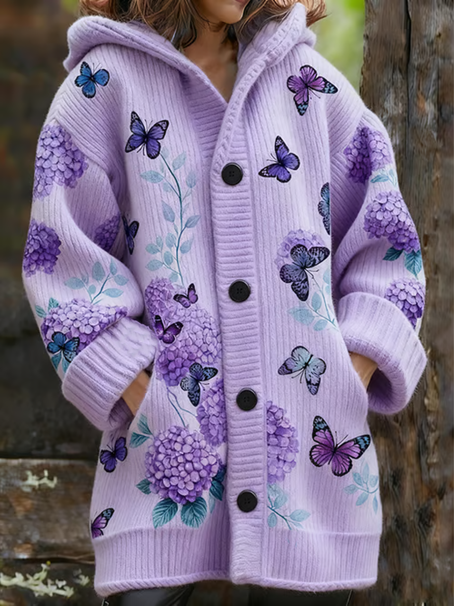 Women's Vintage Purple Floral Art Print Composite Fleece Long Coat