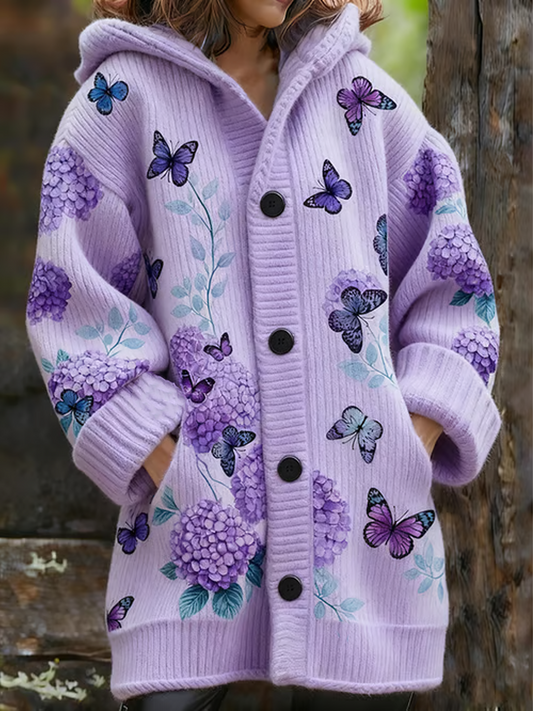 Women's Vintage Purple Floral Art Print Composite Fleece Long Coat